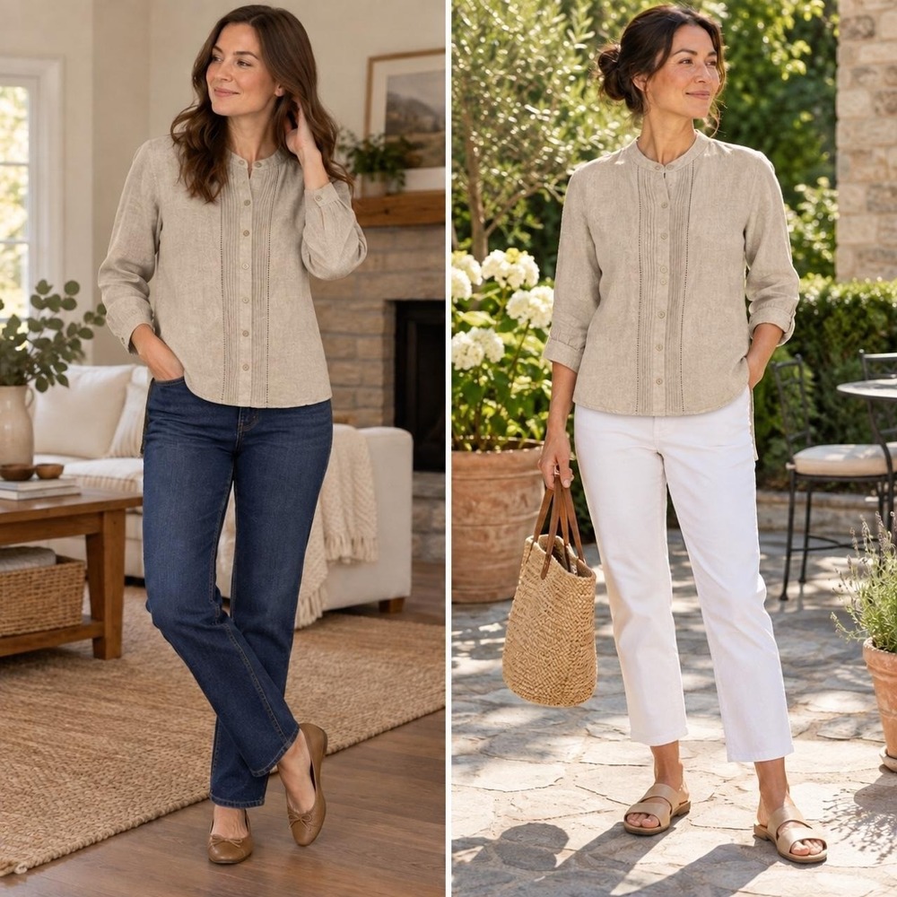 L.L. Bean Tunic Top Women M Beige 100% Linen Pintuck Button Up Coastal Peasant